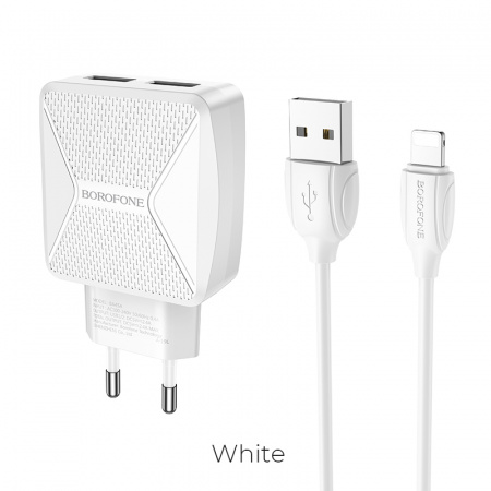 Зарядное устройство BOROFONE BA45A Max Lightning, 2.4A, белый, кабель BX19 Huiyi