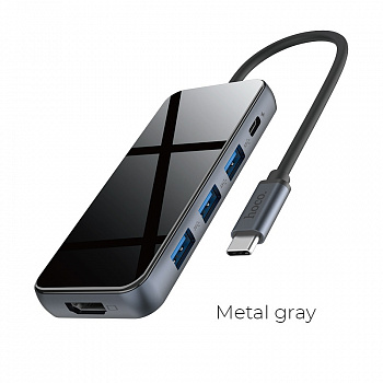 Переходник HOCO HB15 Easy Show, Type-C - 3xUSB3.0+ HDMI+PD, серый металлик